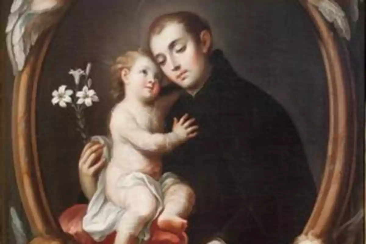 Pintura religiosa de un hombre con vestimenta oscura abrazando a un niño pequeño que sostiene flores blancas dentro de un marco ovalado decorativo Pintura religiosa de un hombre con vestimenta oscura abrazando a un niño pequeño que sostiene flores blancas dentro de un marco ovalado decorativo