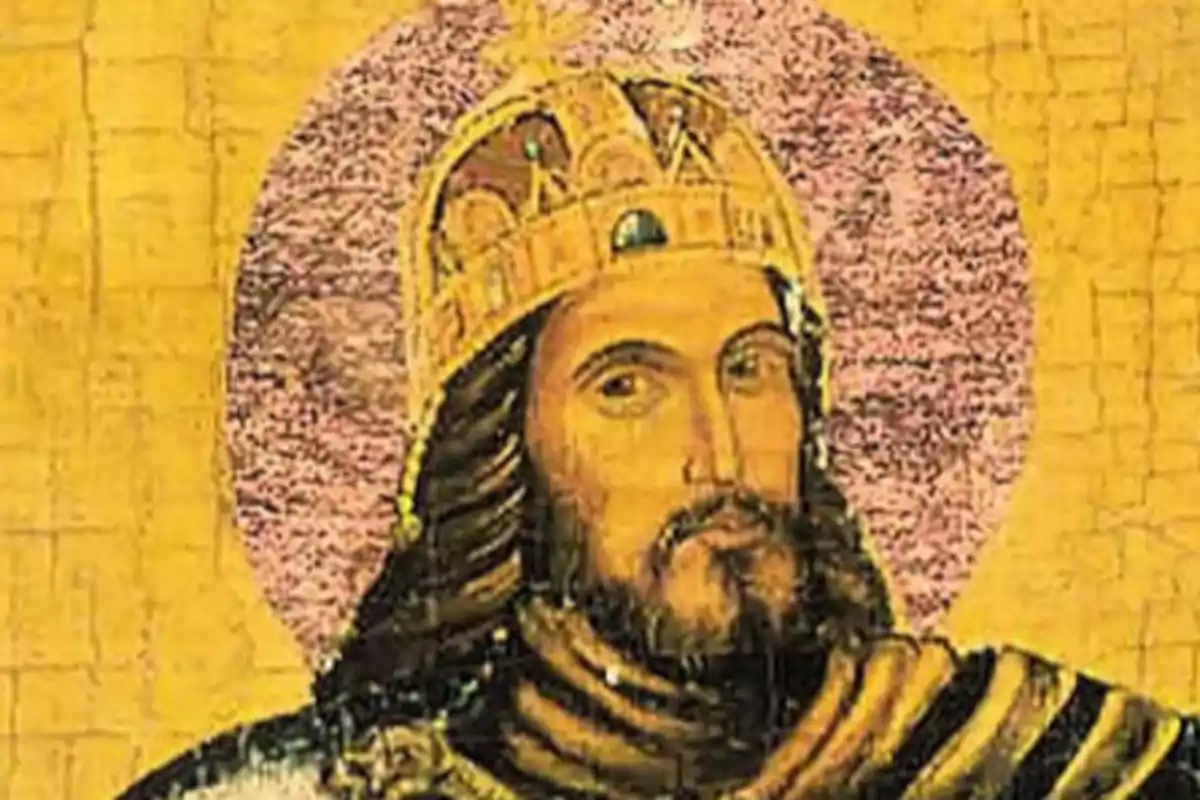 Pintura antigua de un hombre con barba y corona sobre fondo dorado Pintura antigua de un hombre con barba y corona sobre fondo dorado
