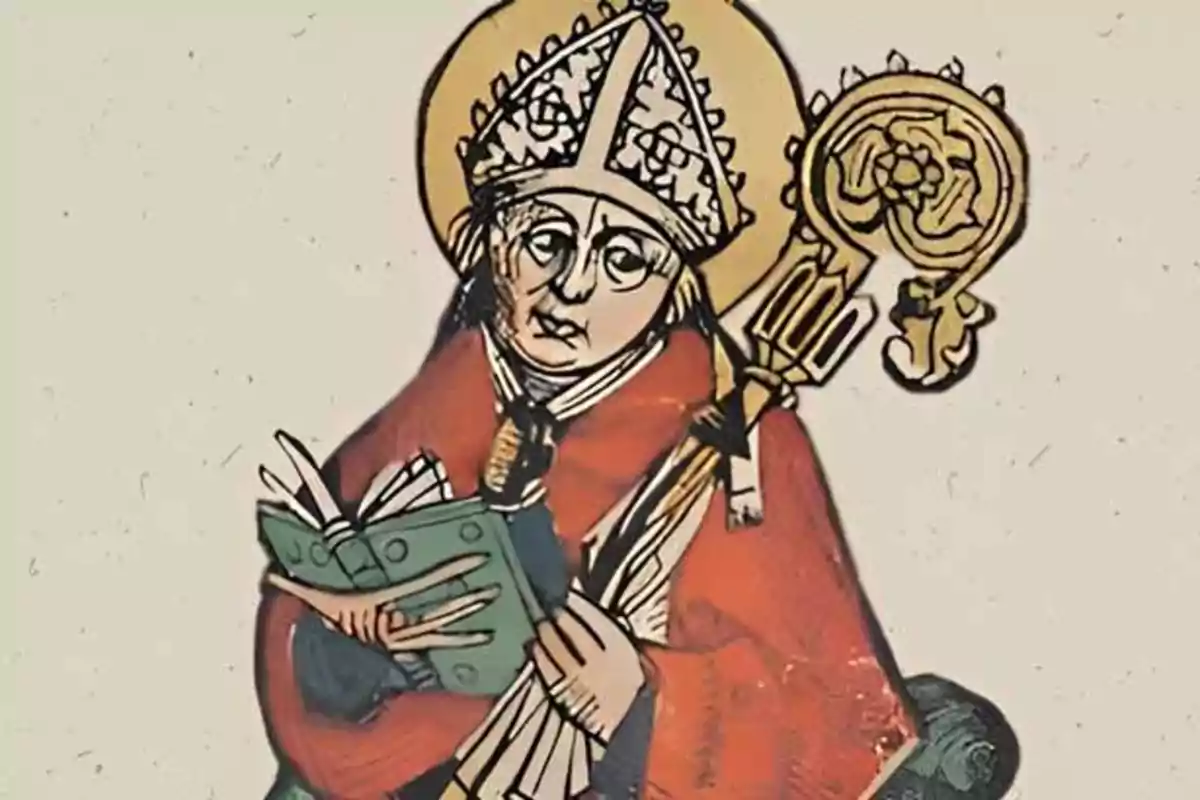 Ilustración de un obispo medieval con mitra dorada, báculo ornamentado y un libro verde en las manos Ilustración de un obispo medieval con mitra dorada, báculo ornamentado y un libro verde en las manos
