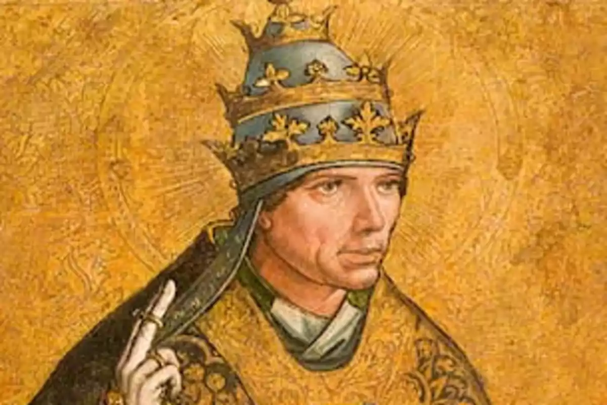 Pintura antiga d’un papa amb vestimenta daurada i una tiara papal decorada, aixecant la mà dreta en senyal de benedicció sobre un fons daurat. Pintura antiga d’un papa amb vestimenta daurada i una tiara papal decorada, aixecant la mà dreta en senyal de benedicció sobre un fons daurat.