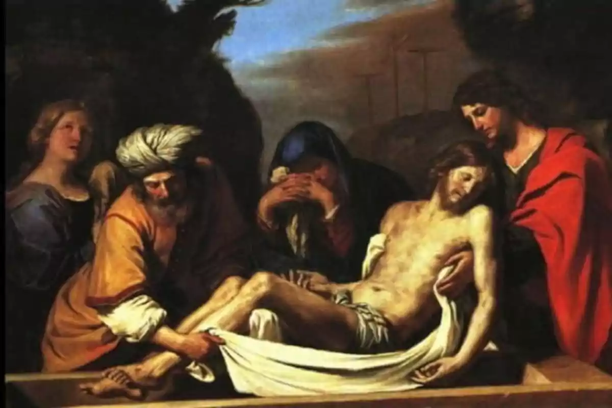 Pintura religiosa que muestra a varias personas rodeando y sosteniendo el cuerpo de un hombre fallecido con expresiones de dolor y tristeza Pintura religiosa que muestra a varias personas rodeando y sosteniendo el cuerpo de un hombre fallecido con expresiones de dolor y tristeza