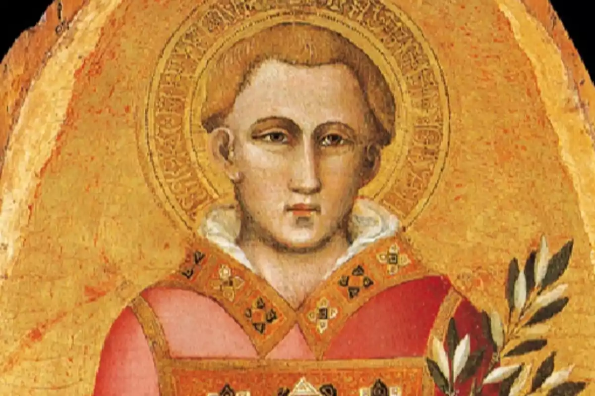 Pintura religiosa de un santo con aureola dorada y vestimenta roja sosteniendo una rama de olivo