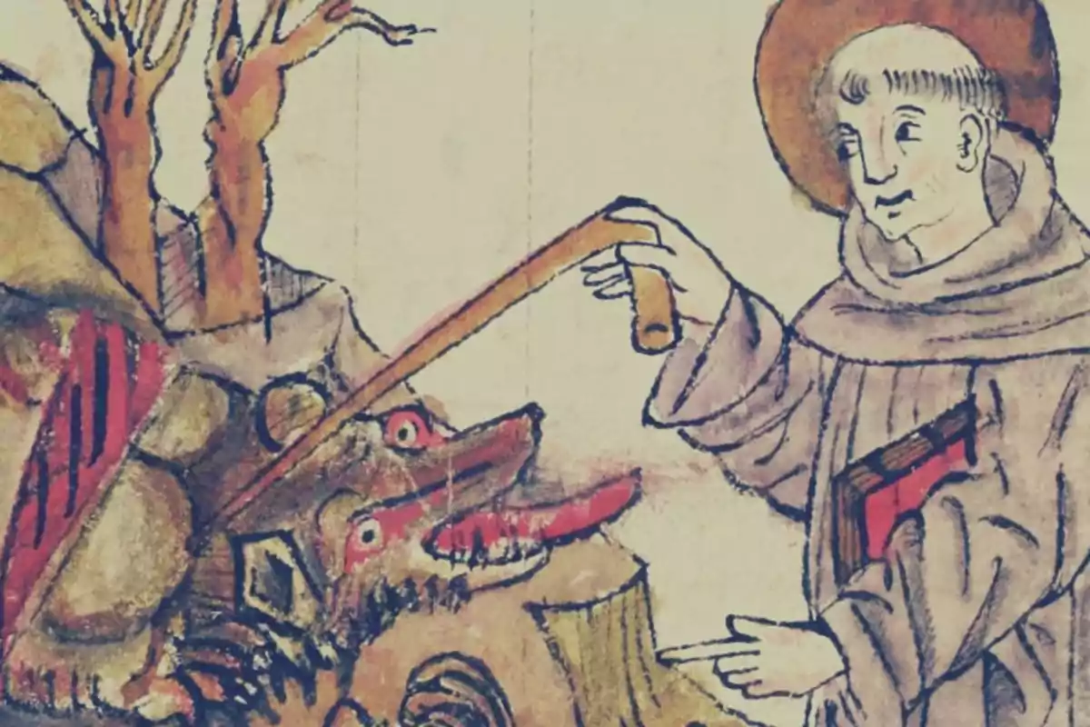 Il·lustració medieval d’un monjo amb halo alimentant un llop amb un rotlle de paper mentre l’animal mostra les dents i la llengua vermella