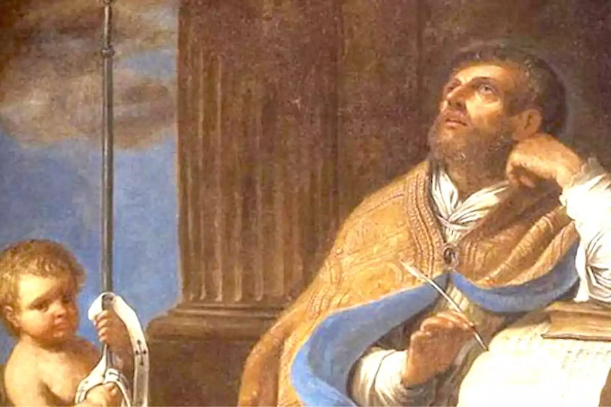 Pintura de un hombre con barba y vestimenta antigua sentado junto a una columna mientras mira hacia arriba y un niño pequeño sostiene una lanza a su lado Pintura de un hombre con barba y vestimenta antigua sentado junto a una columna mientras mira hacia arriba y un niño pequeño sostiene una lanza a su lado