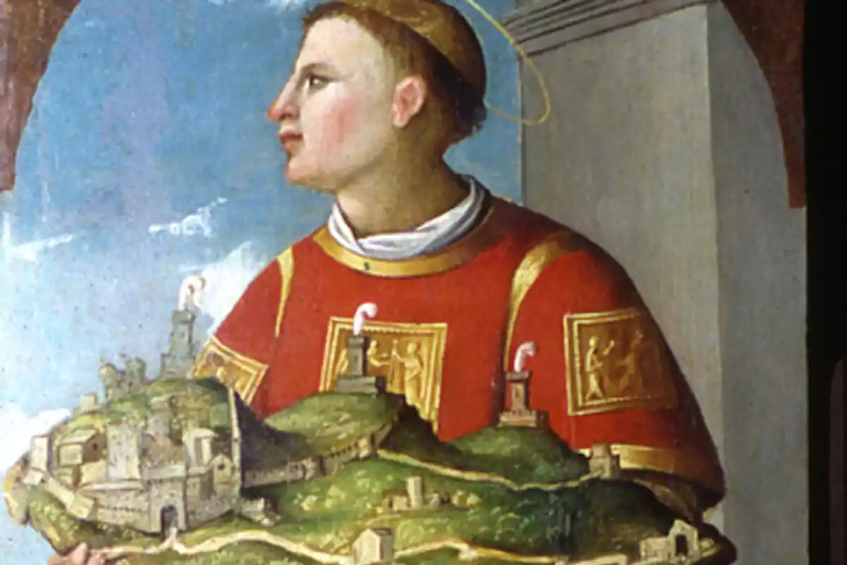 Pintura d’un home amb aureola vestit amb una túnica vermella sostenint una maqueta d’una ciutat medieval Pintura d’un home amb aureola vestit amb una túnica vermella sostenint una maqueta d’una ciutat medieval