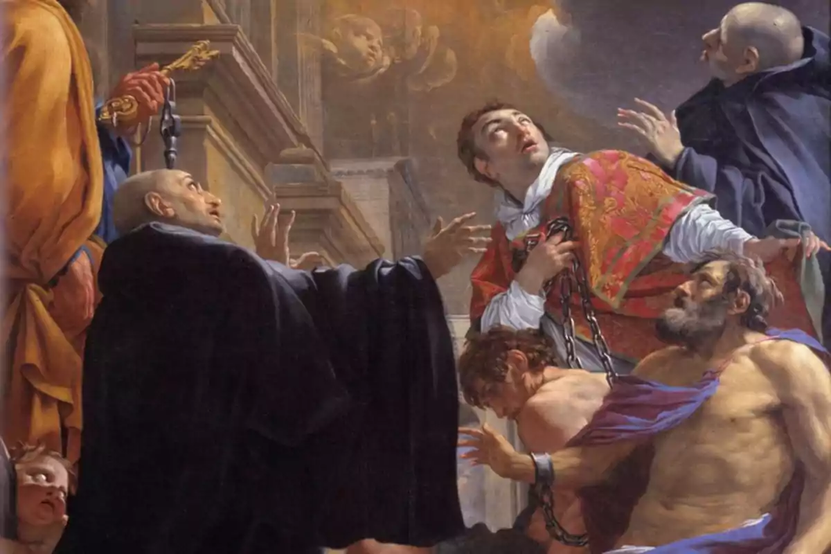Varios hombres con vestimentas religiosas observan hacia el cielo mientras uno de ellos sostiene unas cadenas y otro está arrodillado con expresión de asombro Varios hombres con vestimentas religiosas observan hacia el cielo mientras uno de ellos sostiene unas cadenas y otro está arrodillado con expresión de asombro