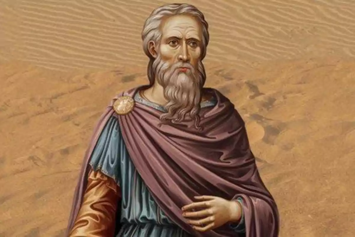 Pintura d’un home gran amb barba i cabells canosos vestit amb una túnica blava i un mantell porpra en un fons de desert