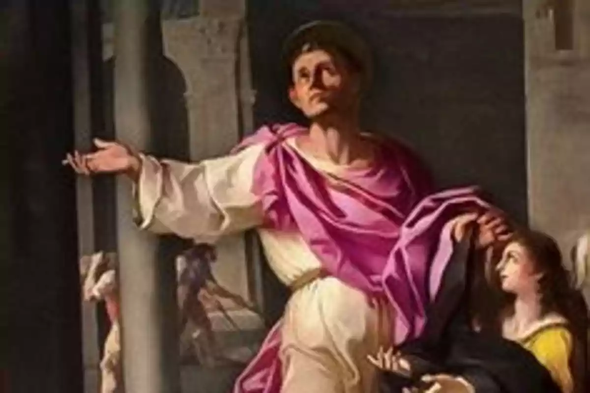 Home amb túnica blanca i mantell rosa estenent el braç mentre sosté la mà d’una dona agenollada Home amb túnica blanca i mantell rosa estenent el braç mentre sosté la mà d’una dona agenollada