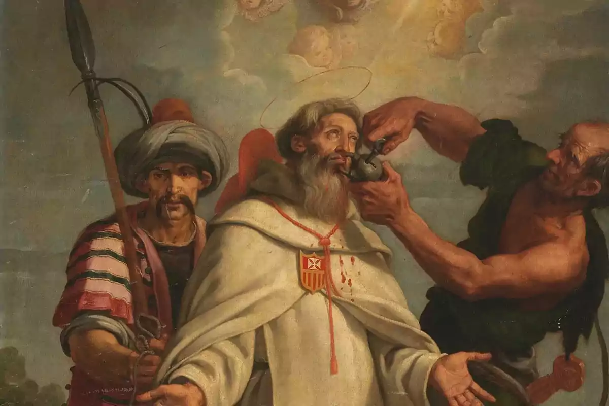 Pintura religiosa donde un hombre con halo es forzado a beber de una jarra mientras otro hombre lo sostiene y un tercero con lanza observa Pintura religiosa donde un hombre con halo es forzado a beber de una jarra mientras otro hombre lo sostiene y un tercero con lanza observa