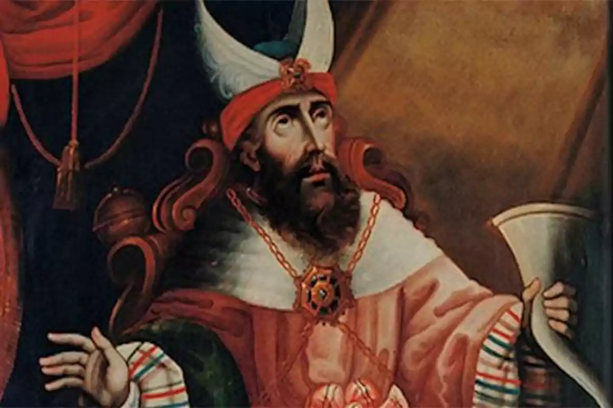 Pintura d’un home amb barba i vestimenta religiosa assegut en una cadira ornamentada sostenint un llibre o pergamí Pintura d’un home amb barba i vestimenta religiosa assegut en una cadira ornamentada sostenint un llibre o pergamí