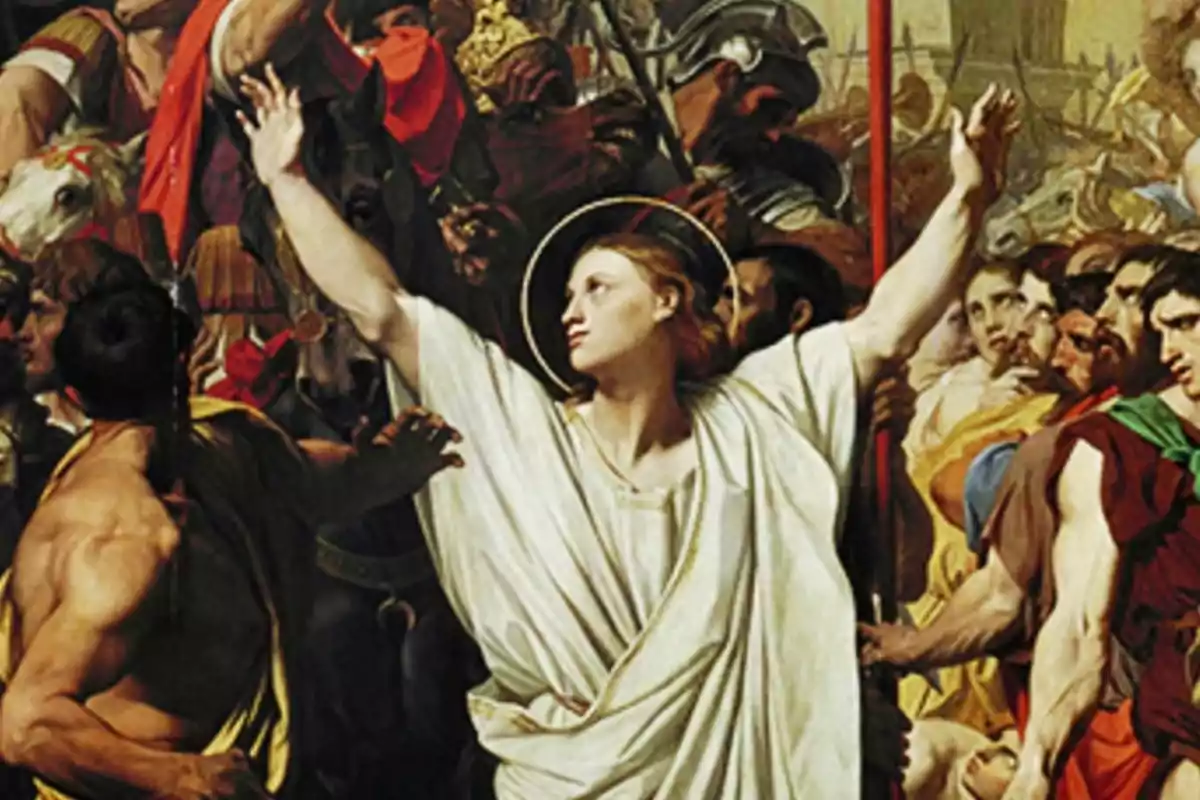 Una dona vestida de blanc amb els braços alçats està envoltada de diverses persones en una escena d’estil clàssic. Una dona vestida de blanc amb els braços alçats està envoltada de diverses persones en una escena d’estil clàssic.
