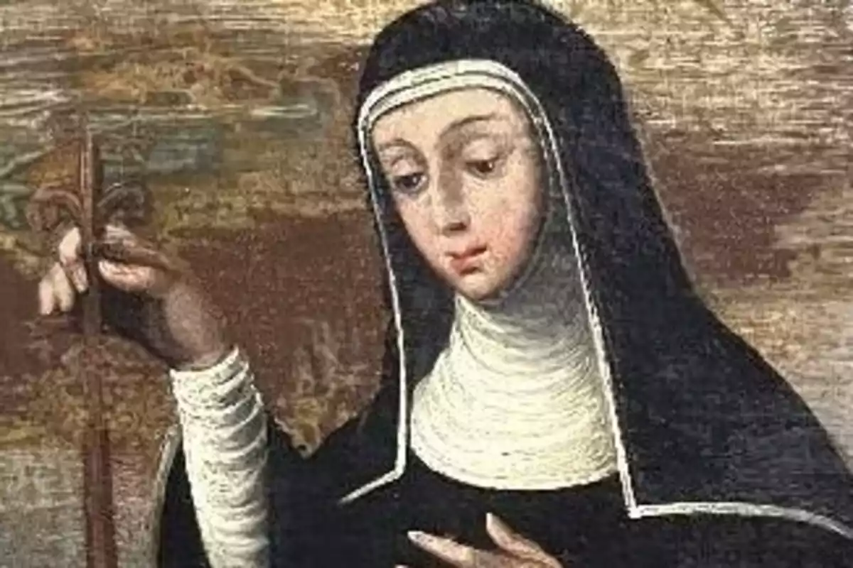 Pintura antigua de una monja con hábito negro y blanco sosteniendo un báculo Pintura antigua de una monja con hábito negro y blanco sosteniendo un báculo