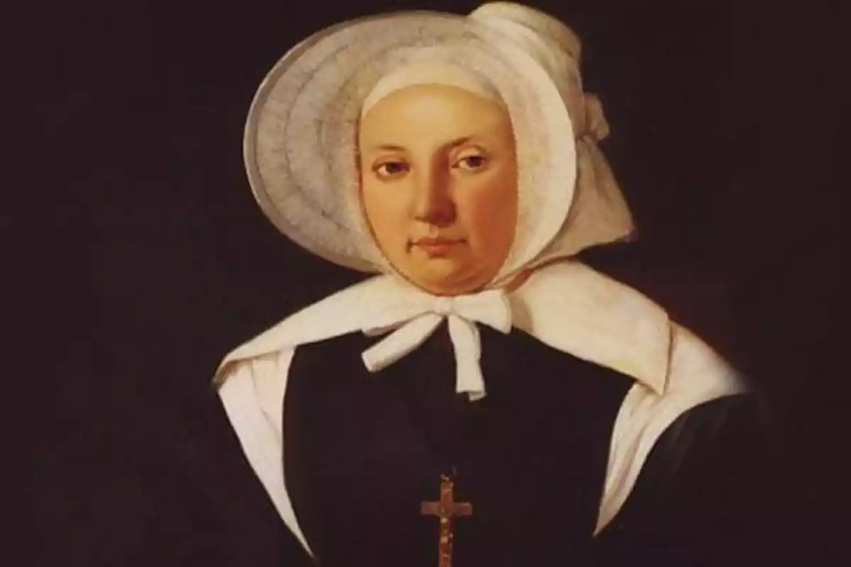 Retrat d’una dona amb còfia blanca i vestit fosc amb un crucifix daurat Retrat d’una dona amb còfia blanca i vestit fosc amb un crucifix daurat