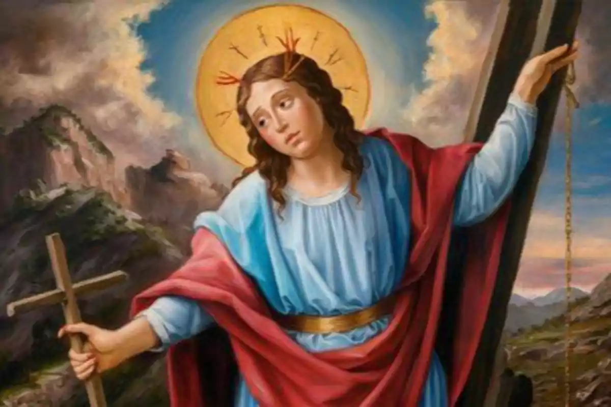 Pintura religiosa de una figura con aureola dorada, vestida con túnica azul y manto rojo, sosteniendo una cruz de madera y apoyada en una escalera, con un paisaje montañoso al fondo Pintura religiosa de una figura con aureola dorada, vestida con túnica azul y manto rojo, sosteniendo una cruz de madera y apoyada en una escalera, con un paisaje montañoso al fondo