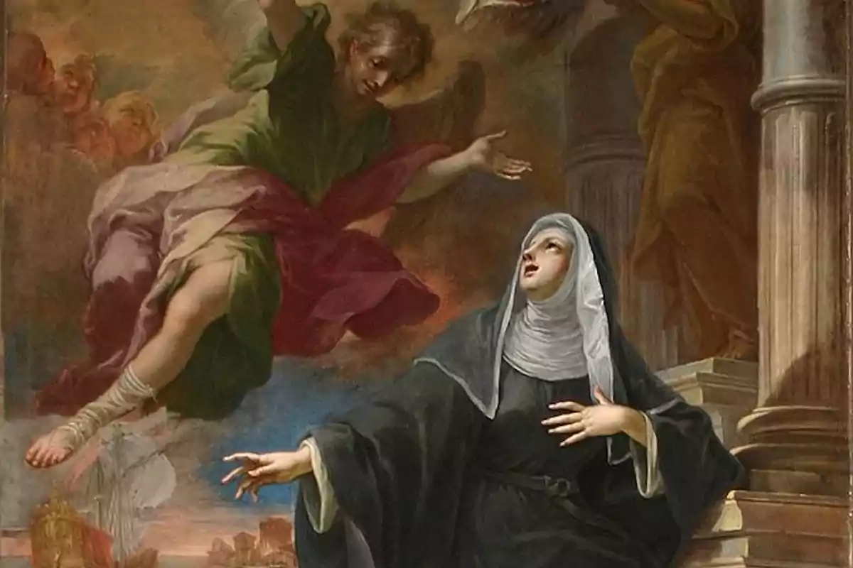 Pintura religiosa on una monja agenollada mira cap a un àngel que baixa del cel envoltat de llum i figures celestials.