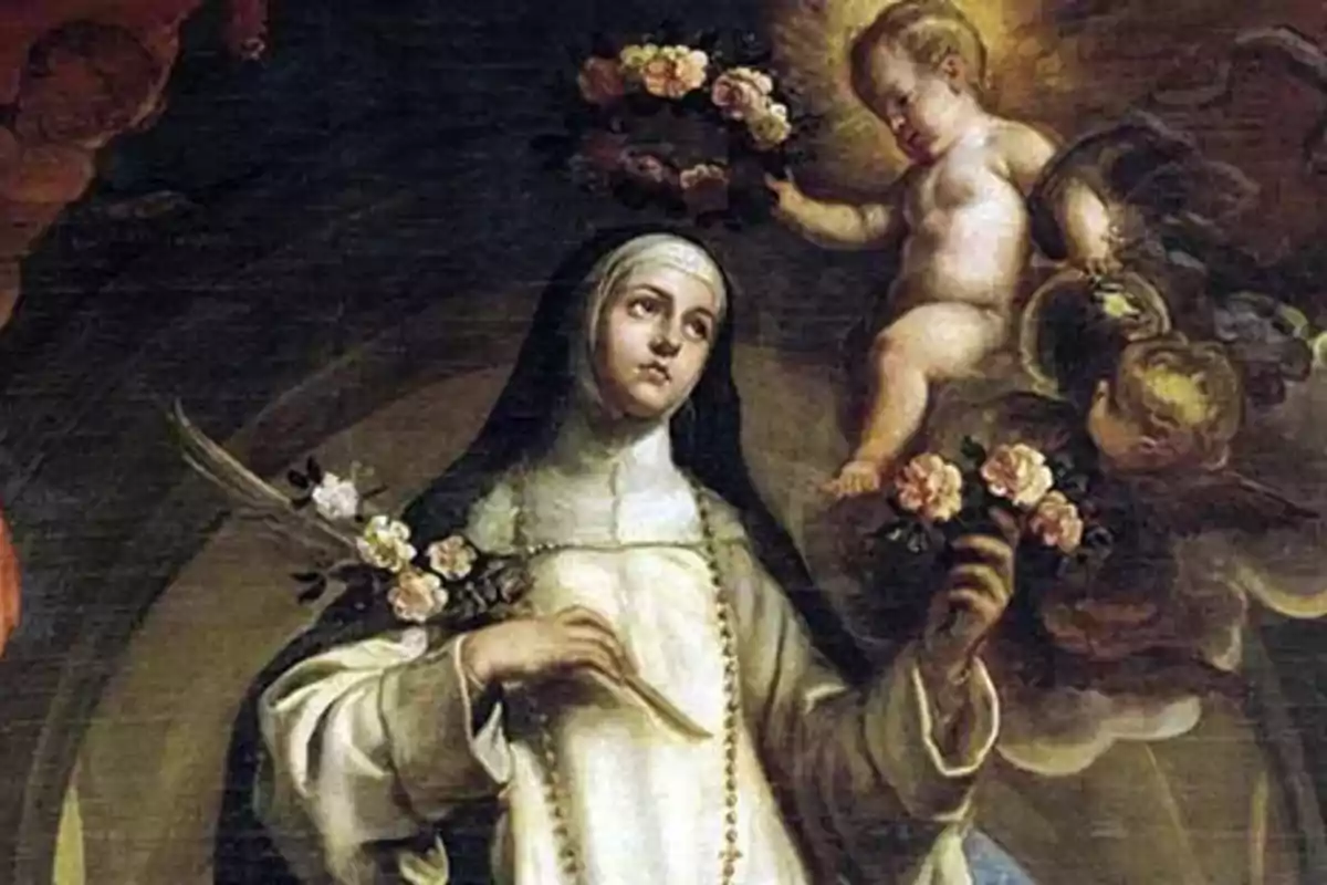 Pintura religiosa d’una dona vestida amb hàbit sostenint flors mentre un àngel li col·loca una corona de roses al cap