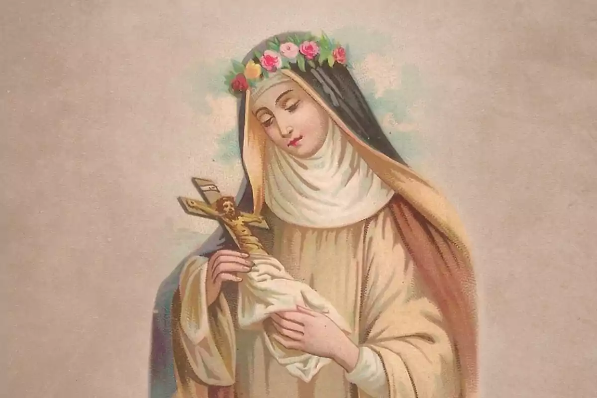 Il·lustració d’una monja amb una corona de flors sostenint un crucifix entre les mans Il·lustració d’una monja amb una corona de flors sostenint un crucifix entre les mans