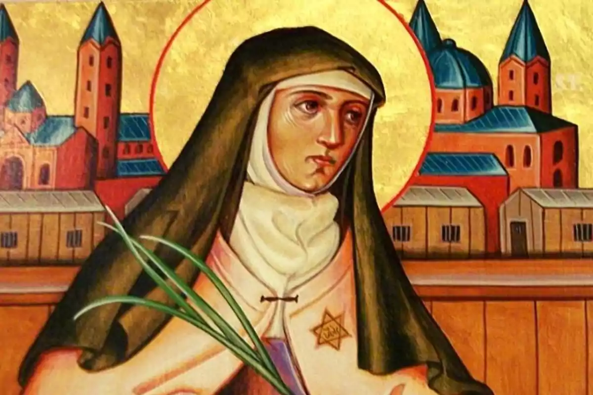 Pintura religiosa de una monja con halo dorado al fondo y edificios de estilo antiguo, sosteniendo una palma y llevando una estrella amarilla en el hábito Pintura religiosa de una monja con halo dorado al fondo y edificios de estilo antiguo, sosteniendo una palma y llevando una estrella amarilla en el hábito