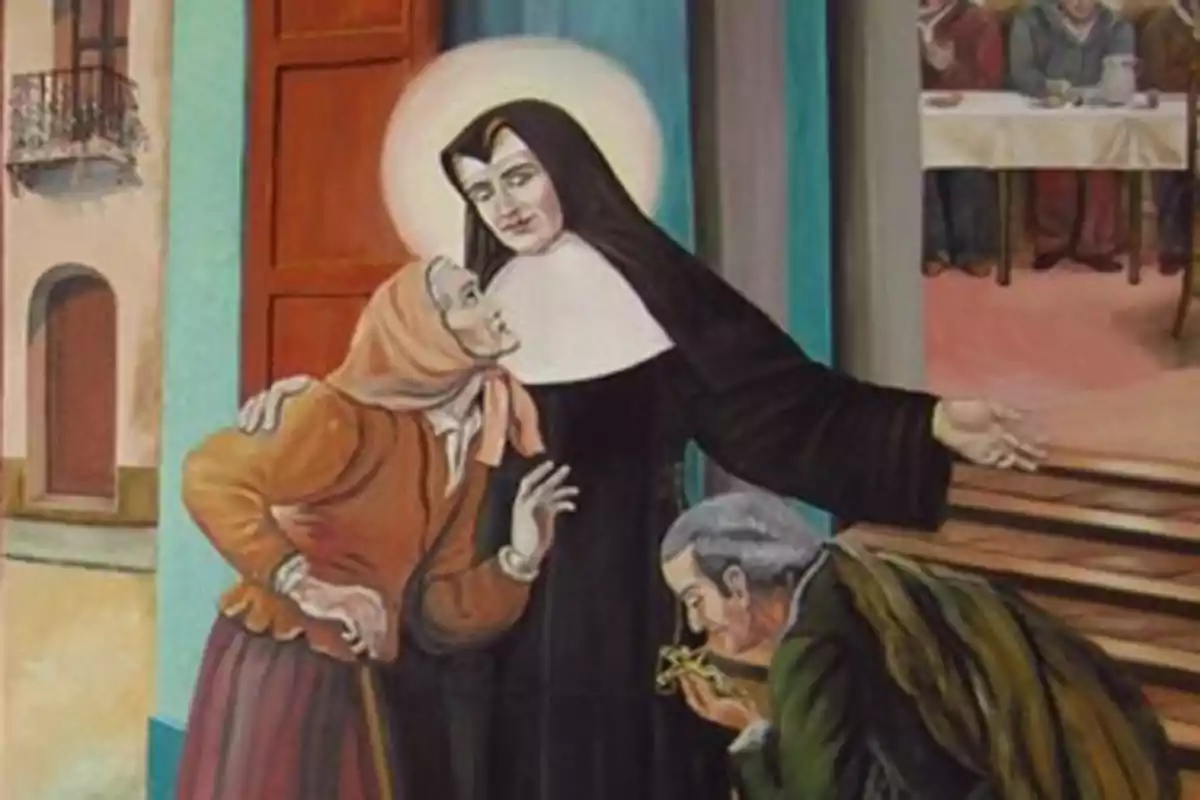 Pintura d’una monja amb un halo abraçant una dona gran mentre un home besa un crucifix davant d’ella i al fons s’observa una taula amb persones assegudes. Pintura d’una monja amb un halo abraçant una dona gran mentre un home besa un crucifix davant d’ella i al fons s’observa una taula amb persones assegudes.