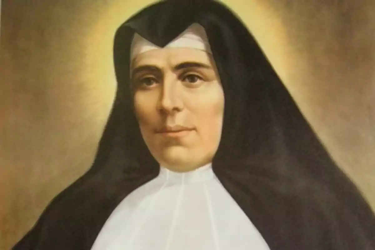 Retrat d’una dona vestida amb hàbit religiós negre i blanc amb una aurèola daurada darrere del cap.