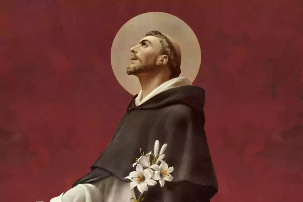 Hombre con hábito religioso y aureola mirando hacia arriba, sosteniendo lirios blancos sobre un fondo rojo. Hombre con hábito religioso y aureola mirando hacia arriba, sosteniendo lirios blancos sobre un fondo rojo.