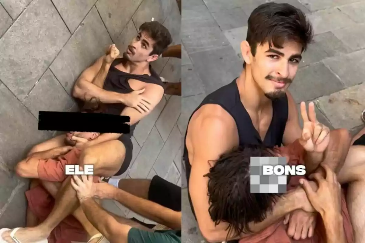 Dos imágenes muestran a un joven sujetando a otra persona en el suelo con una llave de artes marciales, en la primera imagen el joven mira hacia arriba y en la segunda sonríe y hace el signo de la paz con los dedos, ambas imágenes tienen palabras superpuestas que tapan parcialmente los rostros. Dos imágenes muestran a un joven sujetando a otra persona en el suelo con una llave de artes marciales, en la primera imagen el joven mira hacia arriba y en la segunda sonríe y hace el signo de la paz con los dedos, ambas imágenes tienen palabras superpuestas que tapan parcialmente los rostros.
