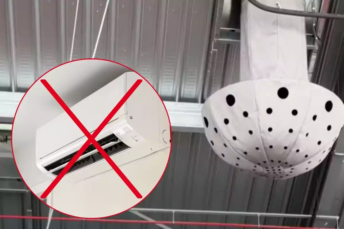 Imatge comparativa entre un aire condicionat tradicional ratllat i un sistema de refrigeració industrial tipus difusor de tela amb orificis instal·lat al sostre.
