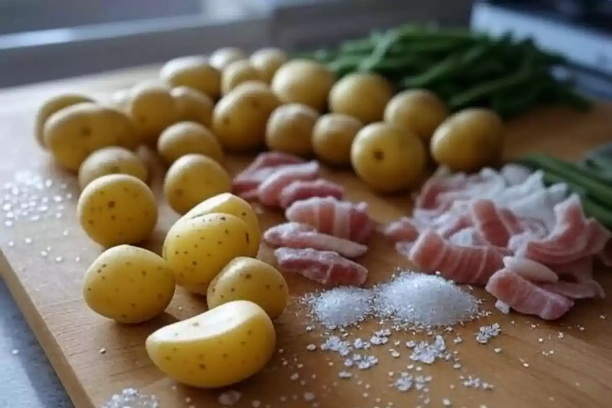 Papas pequeñas, tiras de tocino, sal gruesa y ejotes frescos sobre una tabla de madera Papas pequeñas, tiras de tocino, sal gruesa y ejotes frescos sobre una tabla de madera