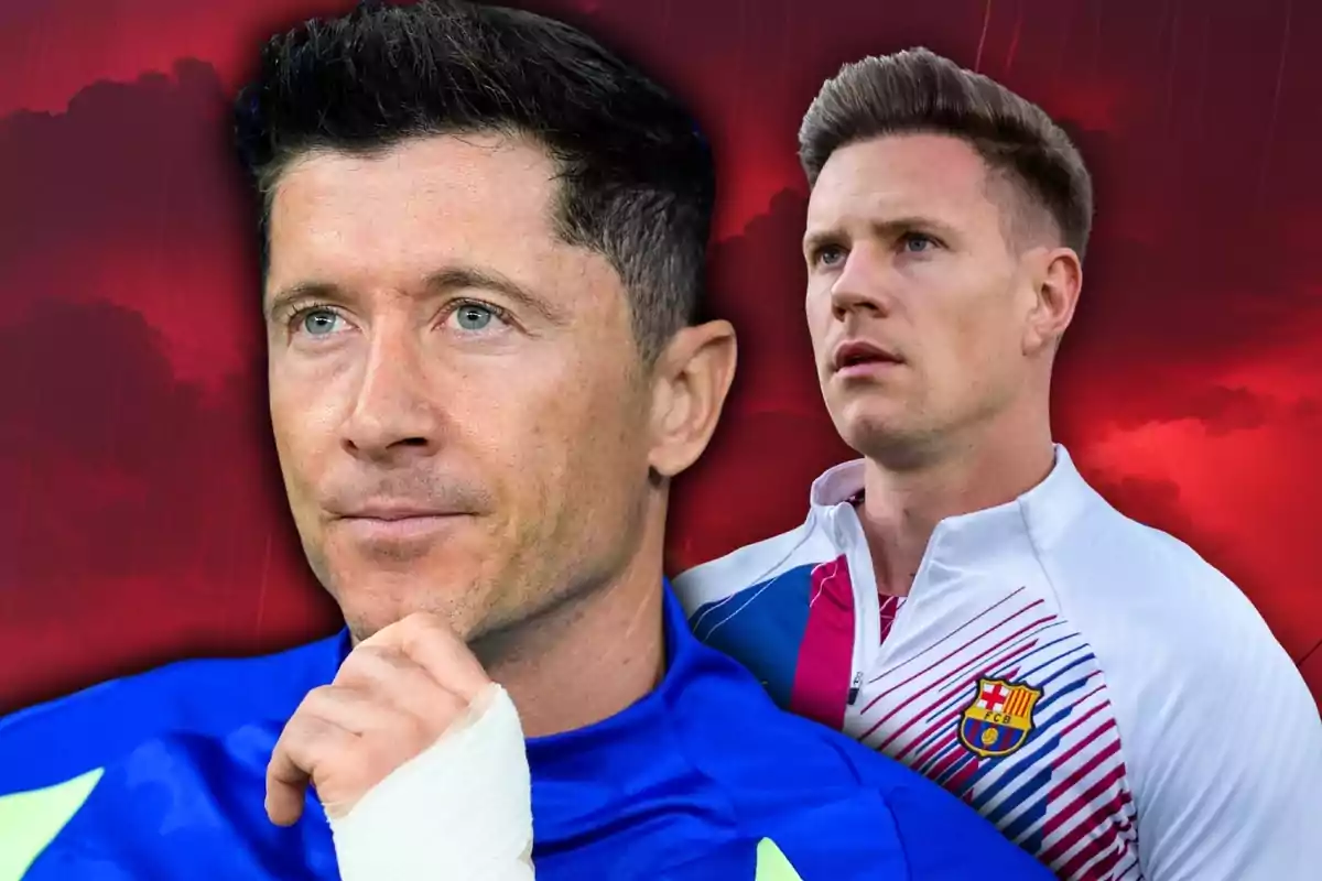 Dos futbolistes del FC Barcelona apareixen en primer pla amb un fons vermell fosc