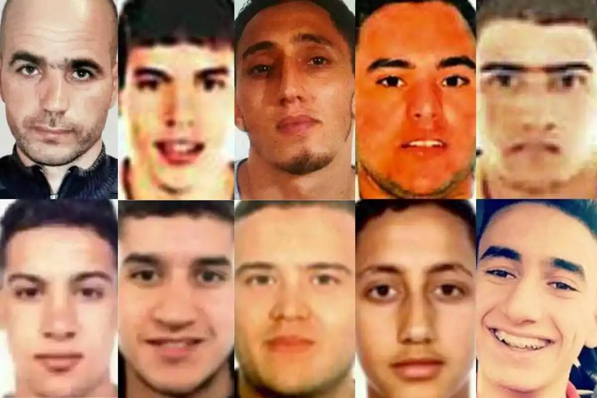 Collage de diez retratos de hombres jóvenes y adultos con diferentes expresiones faciales