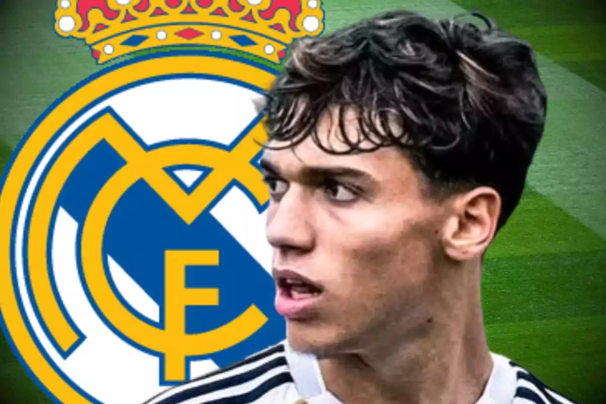 Young player wearing a white jersey in front of the Real Madrid crest on a soccer field