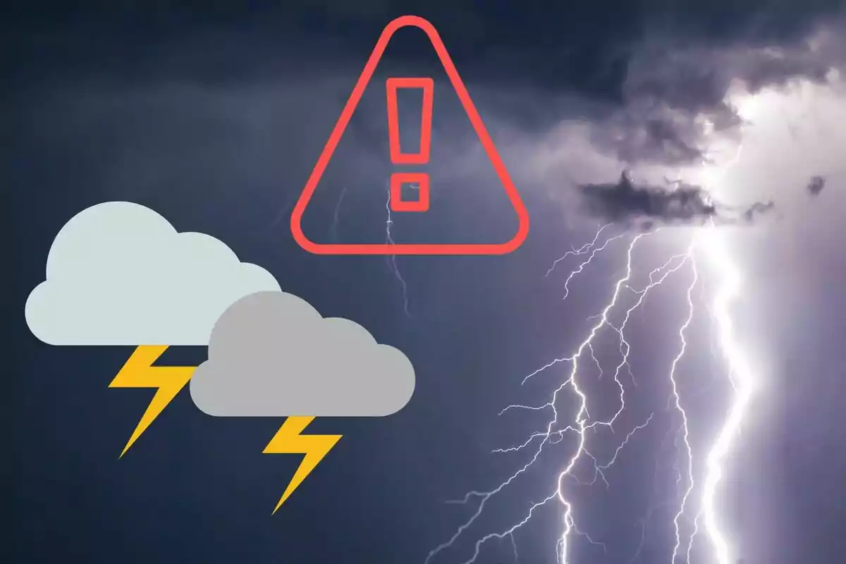 Cel fosc amb llamps, dos núvols amb raigs i un símbol d’advertència al centre