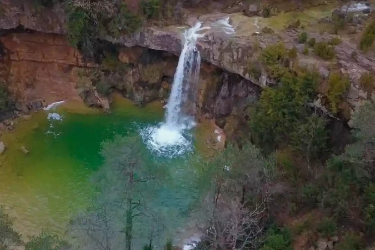 Cascada cayendo en una poza de agua verde rodeada de vegetación y rocas Cascada cayendo en una poza de agua verde rodeada de vegetación y rocas