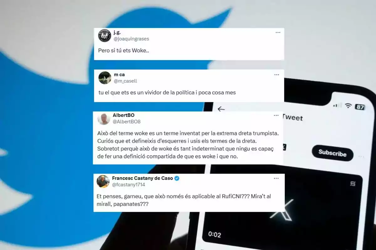 Diversos tuits en català i castellà sobre el terme woke superposats sobre el logotip de Twitter i la pantalla d’un telèfon mòbil. Diversos tuits en català i castellà sobre el terme woke superposats sobre el logotip de Twitter i la pantalla d’un telèfon mòbil.