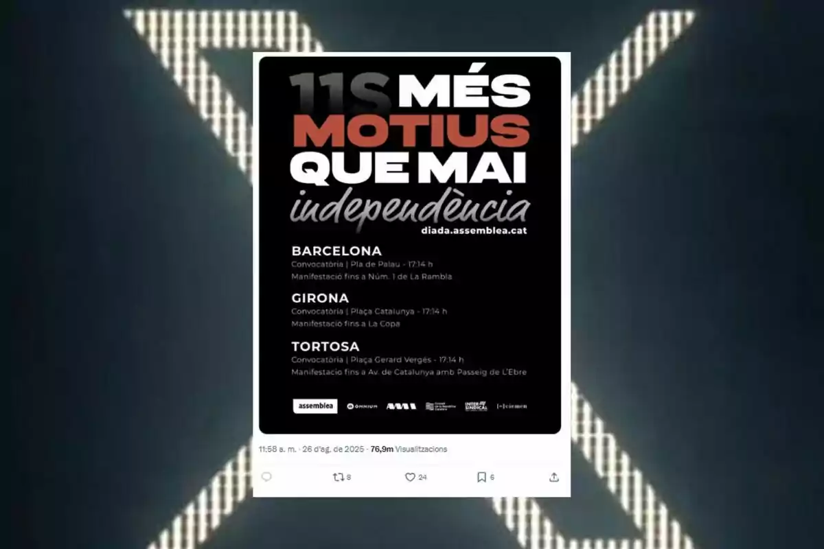 Cartell en català anunciant manifestacions per la independència a Barcelona, Girona i Tortosa l’11 de setembre amb el lema 11S més motius que mai independència sobre fons negre Cartell en català anunciant manifestacions per la independència a Barcelona, Girona i Tortosa l’11 de setembre amb el lema 11S més motius que mai independència sobre fons negre