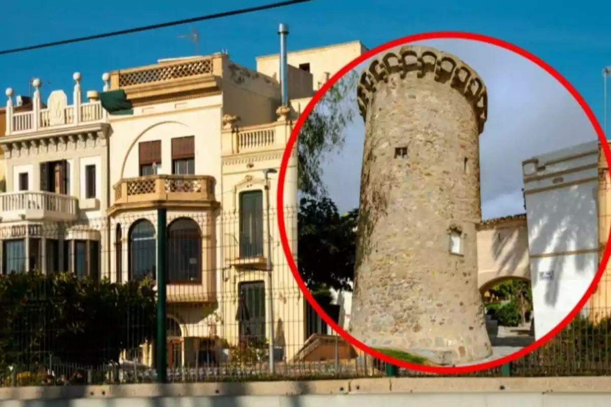Edificis antics d’estil clàssic al costat d’una torre de pedra medieval ressaltada amb un cercle vermell Edificis antics d’estil clàssic al costat d’una torre de pedra medieval ressaltada amb un cercle vermell