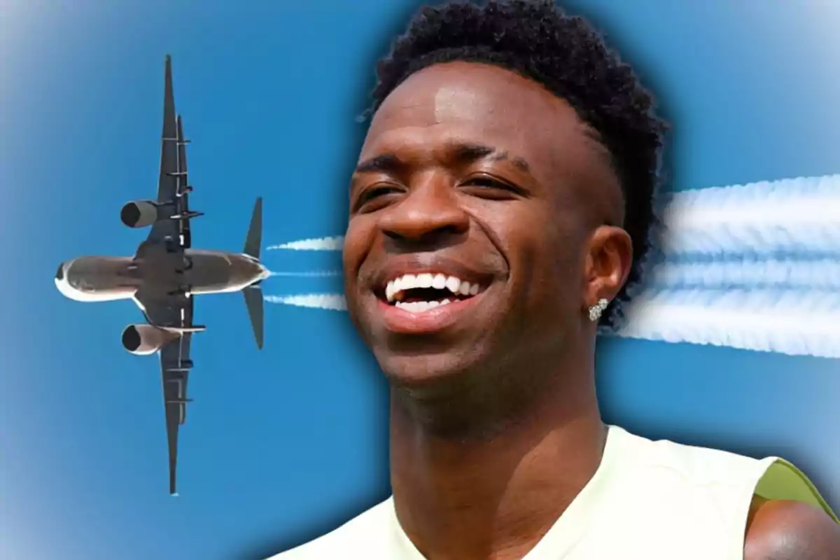 A plane flying in the sky with contrails behind it and a smiling man's face in the foreground