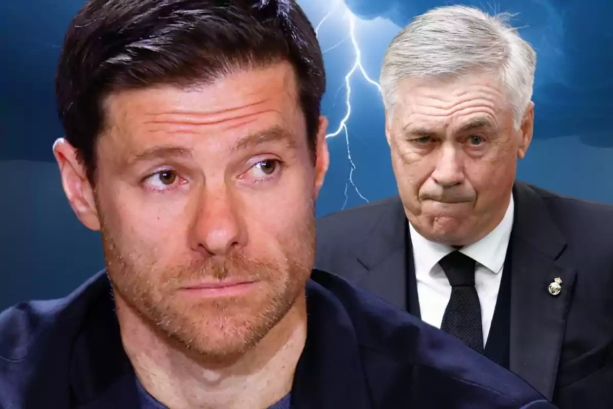 Two men with serious expressions and a stormy background with lightning