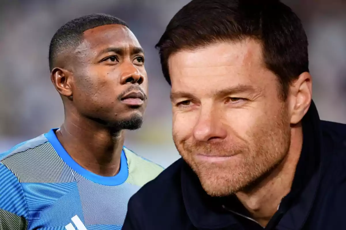 Two men appear in the image, one wearing a blue sports jersey and the other a dark jacket, both looking in opposite directions.