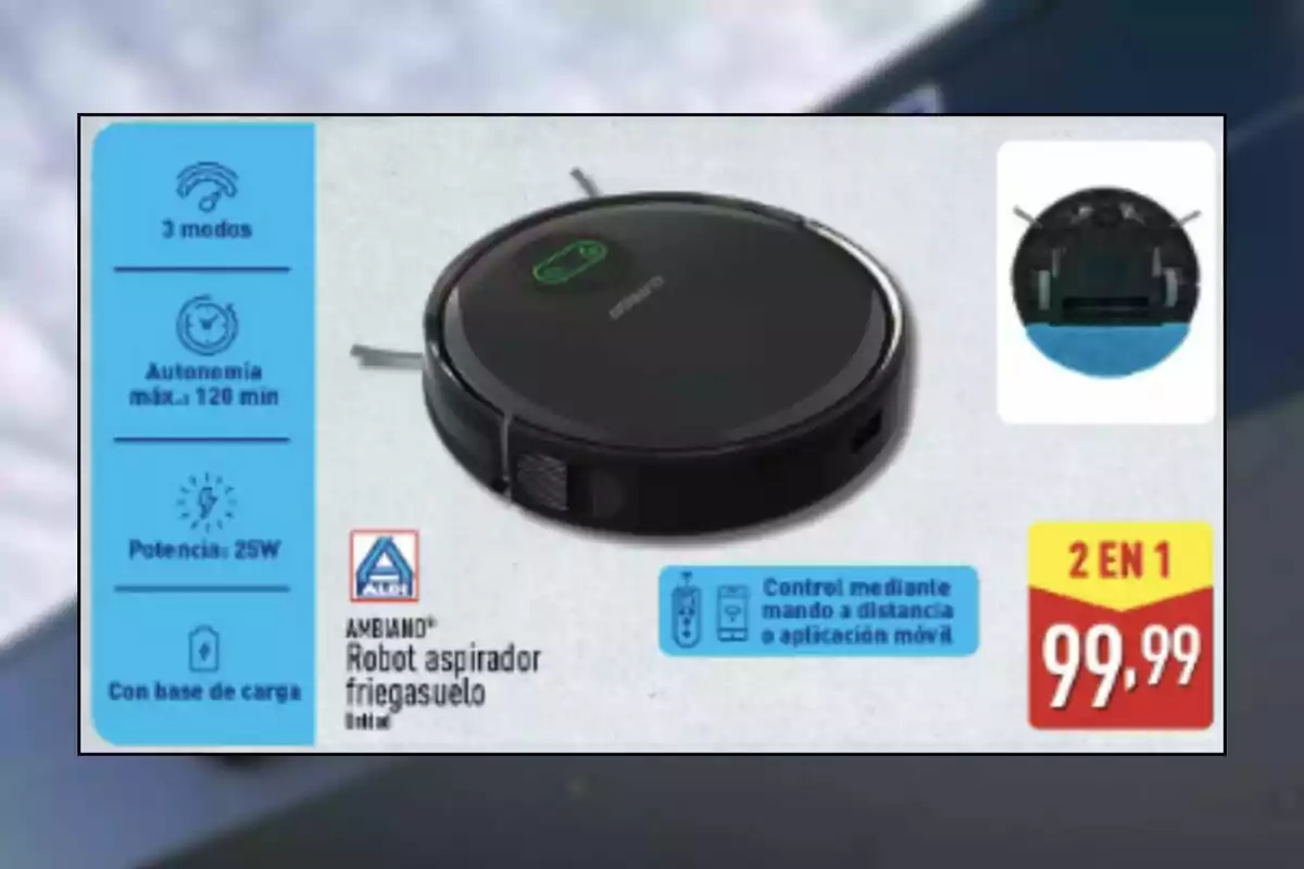 Robot aspirador fregaterres de color negre amb control per comandament a distància o aplicació mòbil, tres modes de neteja, autonomia de fins a 120 minuts, potència de 25W, base de càrrega i preu de 99,99 euros en oferta 2 en 1