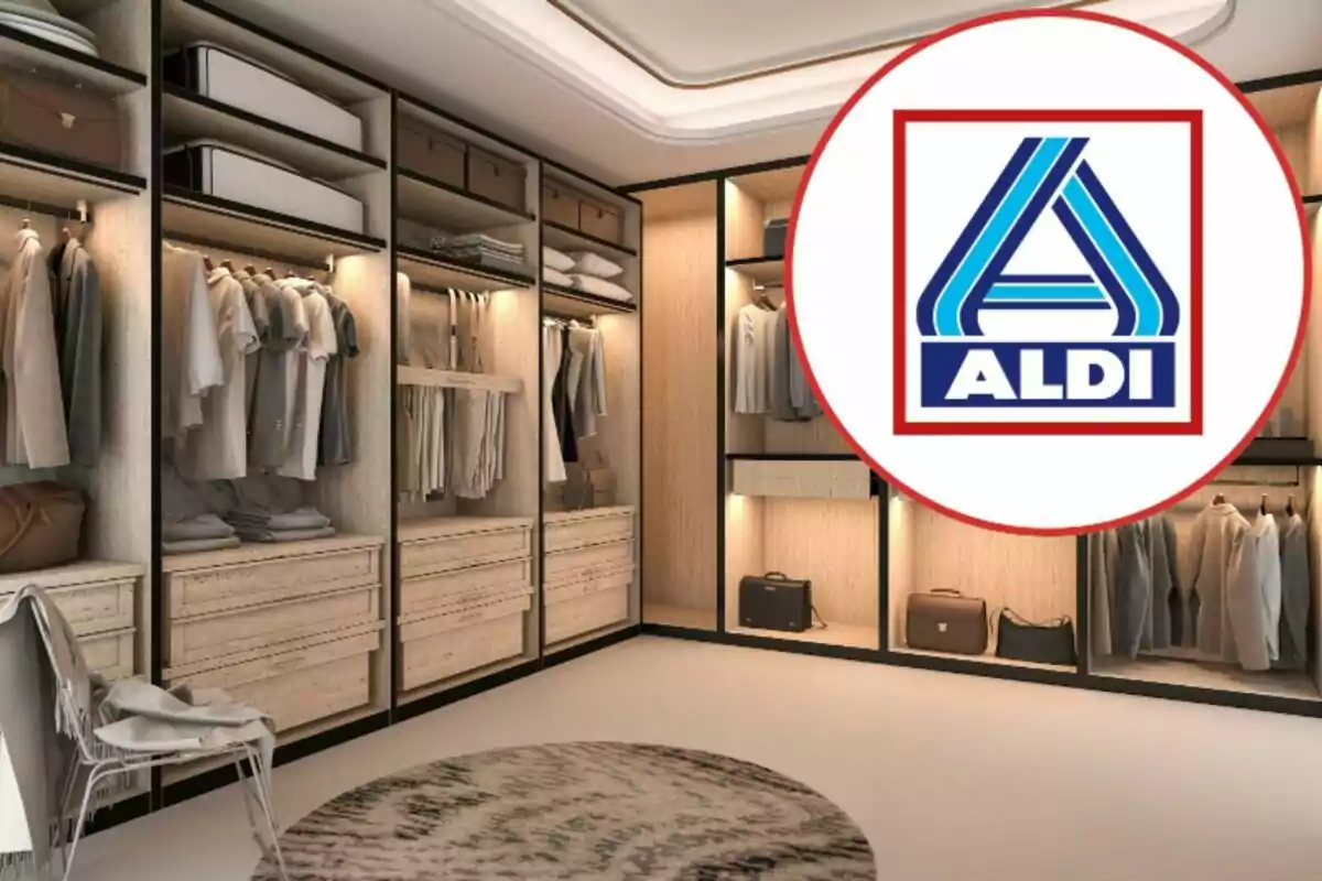 Vestidor modern i ordenat amb roba i accessoris, al costat del logotip d’ALDI a la cantonada superior dreta