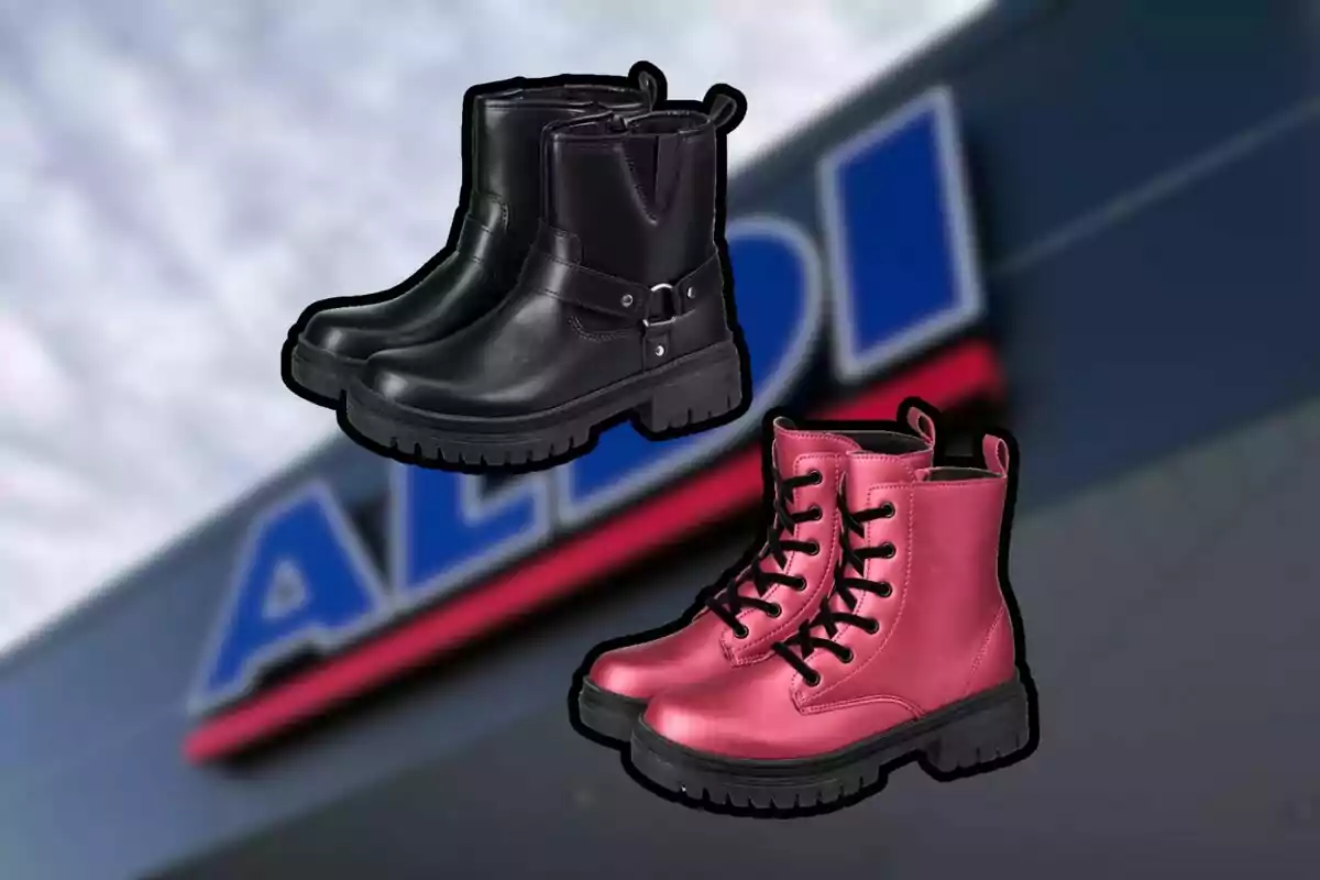 Dos parells de botes, unes de negres i unes de roses, sobre un fons desenfocat amb el logotip d’Aldi.