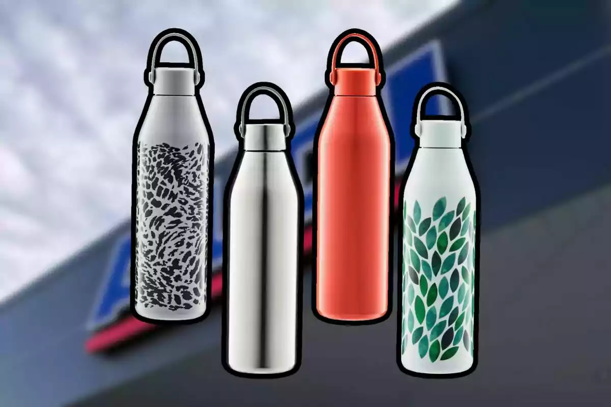 Cuatro botellas reutilizables de acero inoxidable con diferentes diseños y colores sobre un fondo desenfocado. Cuatro botellas reutilizables de acero inoxidable con diferentes diseños y colores sobre un fondo desenfocado.