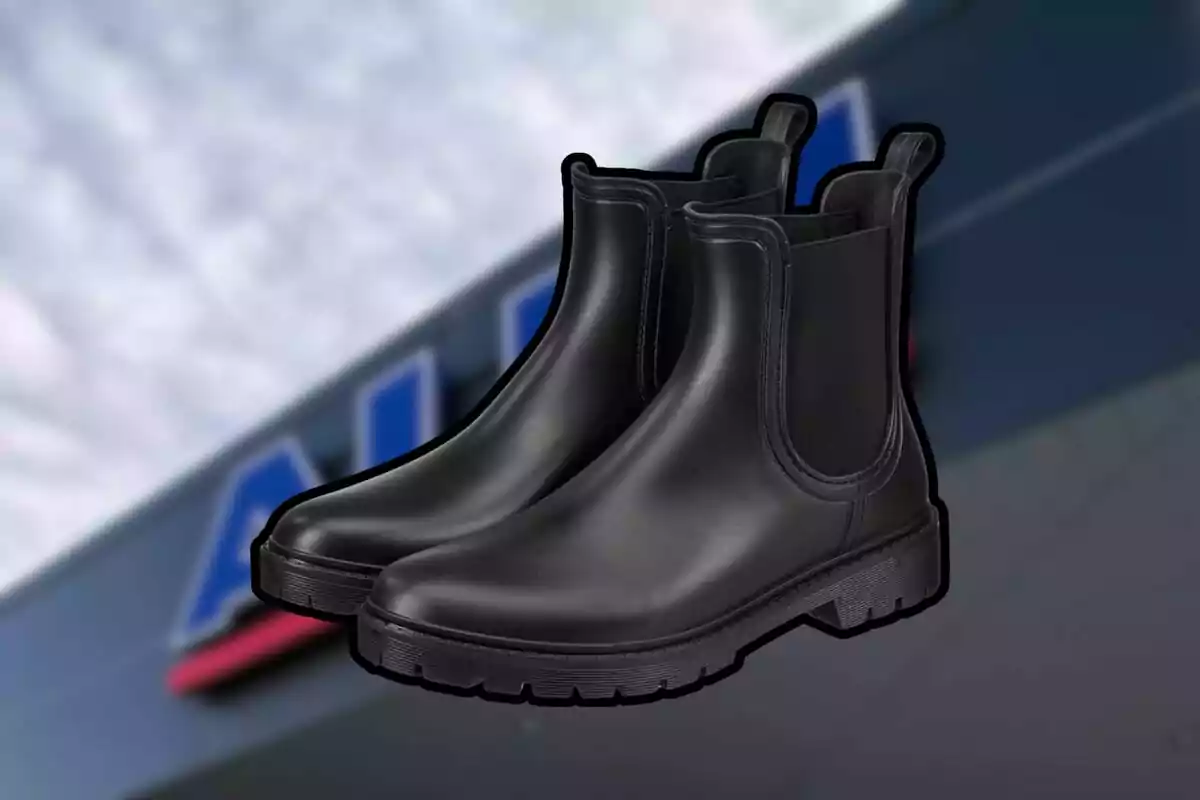 Botas negras de goma estilo chelsea sobre un fondo desenfocado Botas negras de goma estilo chelsea sobre un fondo desenfocado