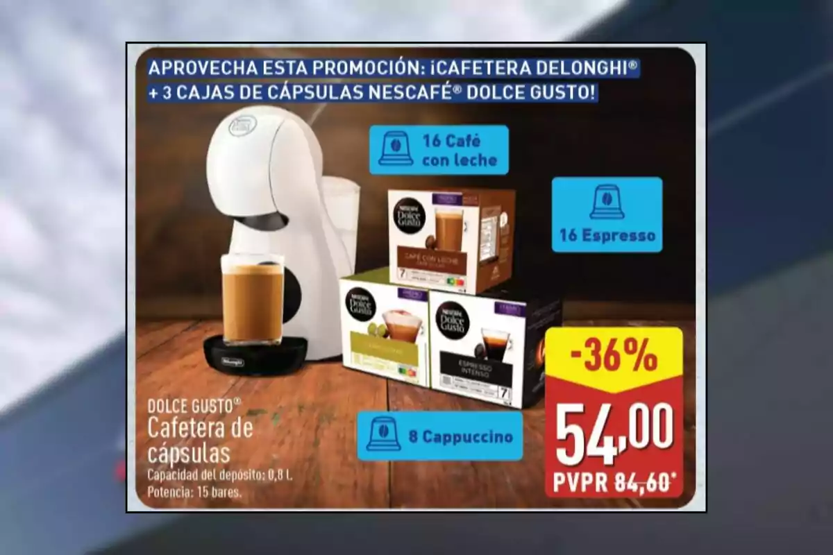 Promoción de cafetera de cápsulas Dolce Gusto Delonghi blanca con tres cajas de cápsulas Nescafé Dolce Gusto de café con leche, espresso y cappuccino, precio rebajado a 54 euros con un 36 por ciento de descuento