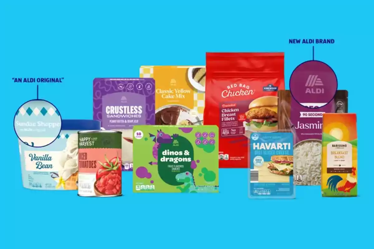 Varios productos de supermercado de la marca Aldi están organizados sobre un fondo azul, incluyendo helado, tomates enlatados, bocadillos, mezcla para pastel, pollo empanizado, arroz, queso y café.