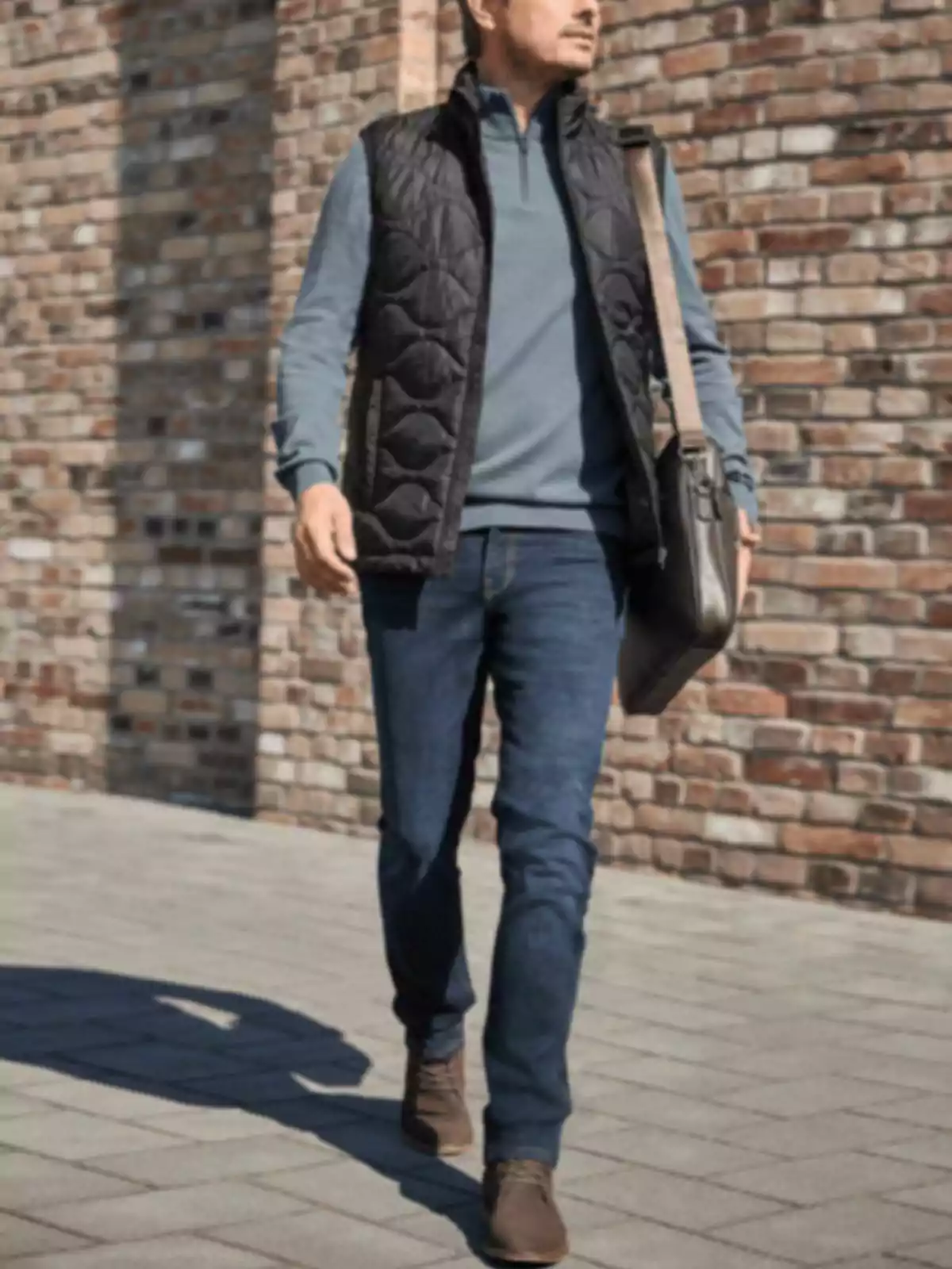 Home caminant a l’aire lliure amb armilla negra, jersei blau, texans i sabates marrons, portant una bossa d’espatlla davant d’una paret de maons