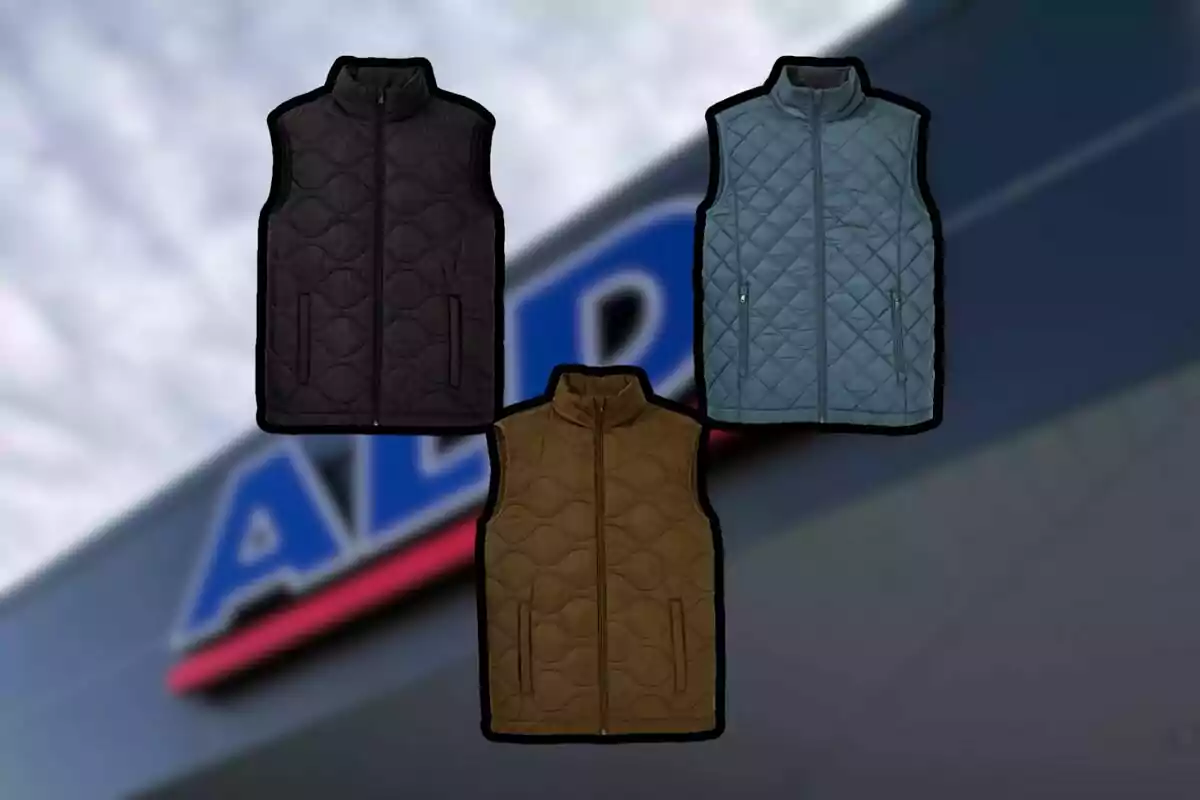 Tres armilles encoixinades de color negre, blau i marró sobre un fons desenfocat d’una botiga.