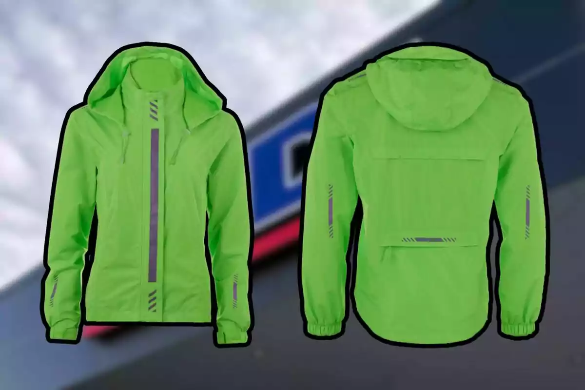 Chamarra verde fosforescente con capucha vista de frente y de espaldas sobre un fondo desenfocado Chamarra verde fosforescente con capucha vista de frente y de espaldas sobre un fondo desenfocado
