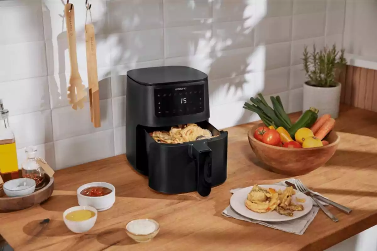 Freidora de aire negra sobre una encimera de madera con verduras frescas en un tazón, utensilios de cocina colgados y varios recipientes pequeños con salsas Freidora de aire negra sobre una encimera de madera con verduras frescas en un tazón, utensilios de cocina colgados y varios recipientes pequeños con salsas